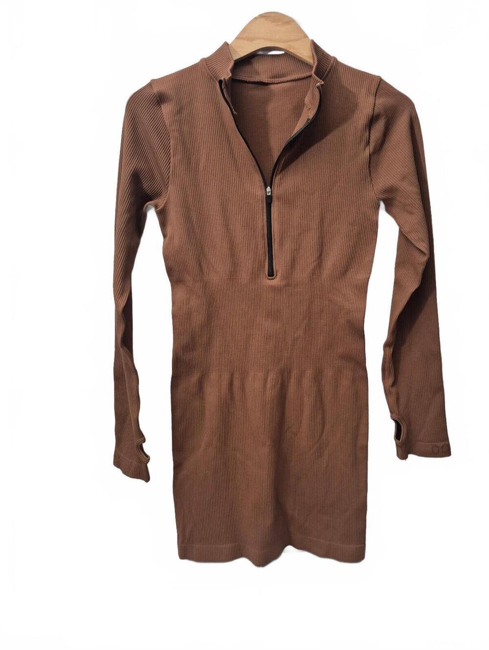 Oqq Women’s Brown Ribbed Half-Zip Long Sleeve Bodycon Mini Dress Size L Stretchy